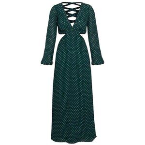 AFRM Lowell Green Polka Dot Print Dress Long Sleeve Cutout Tie Back Size Small